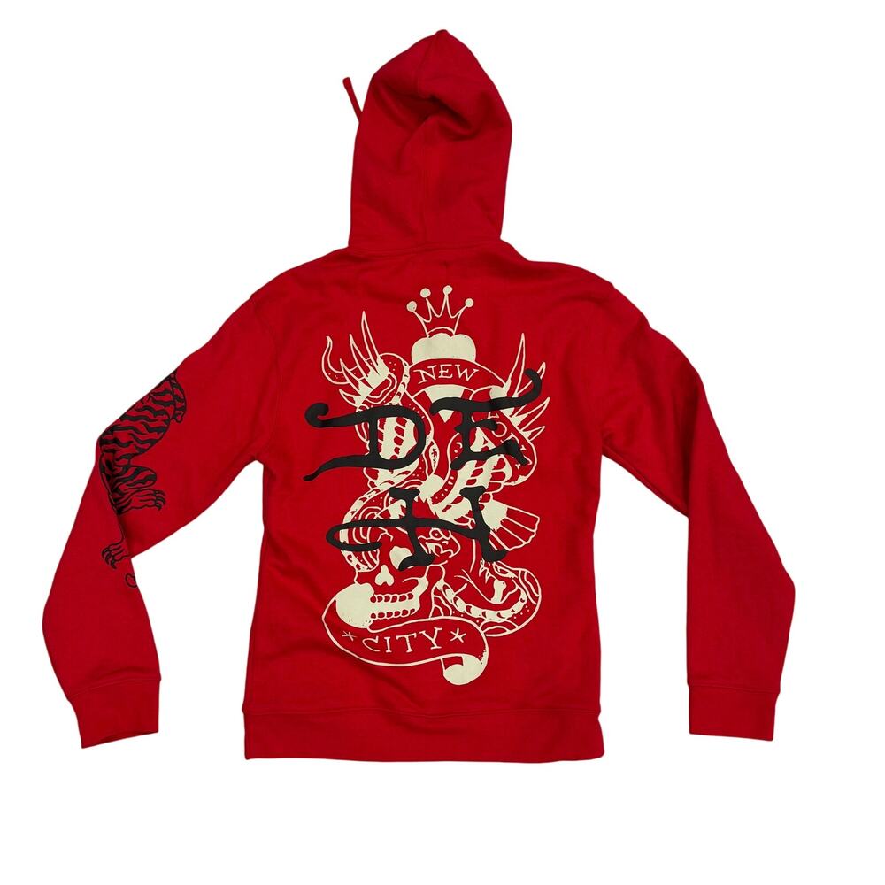 Ed Hardy 77 Tattoo Hellcat Tiger Skull Hoodie Red NWT S - Picture 2 of 11